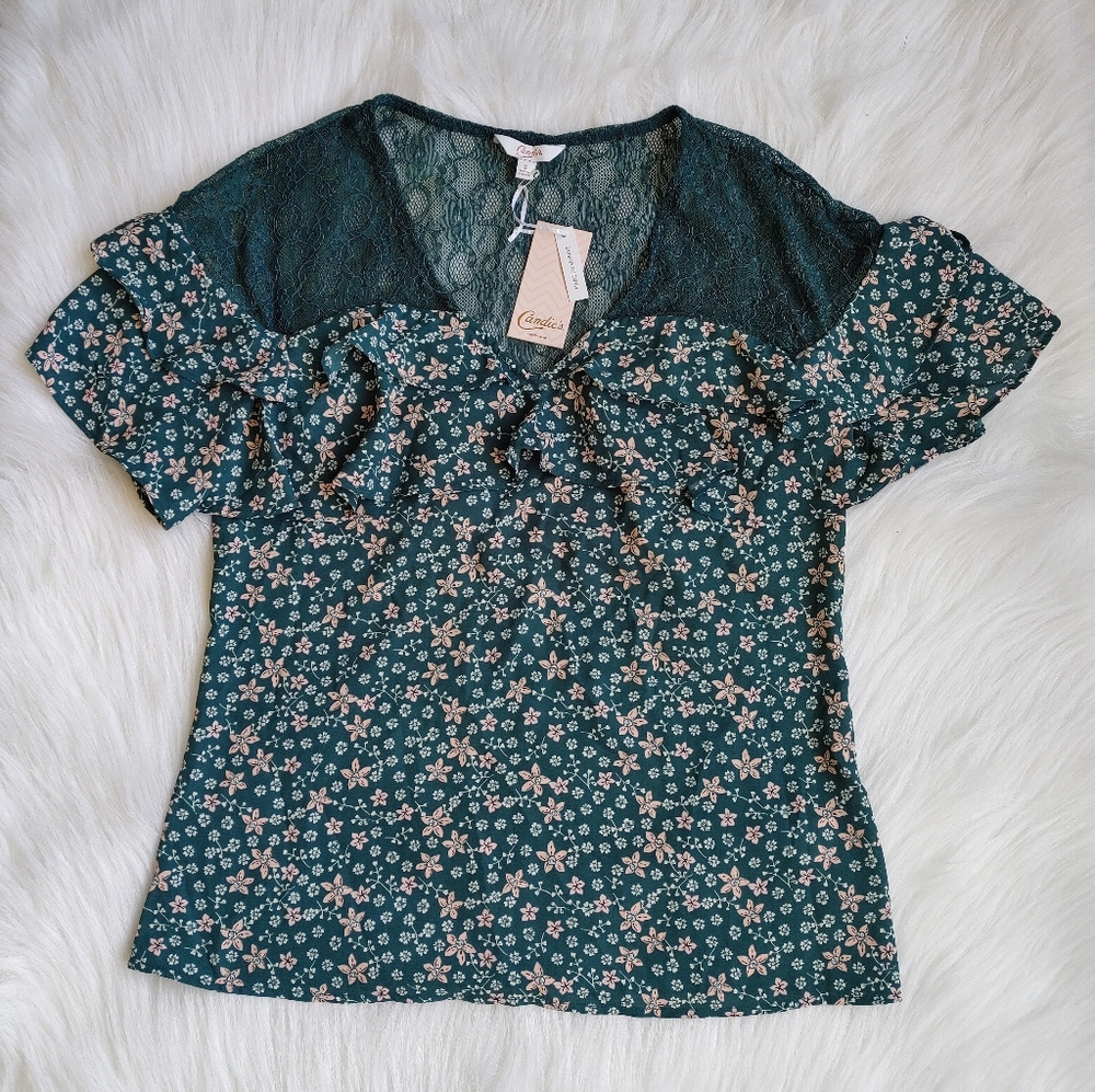 Candie's Teal Floral Lace Short Sleeved Blouse